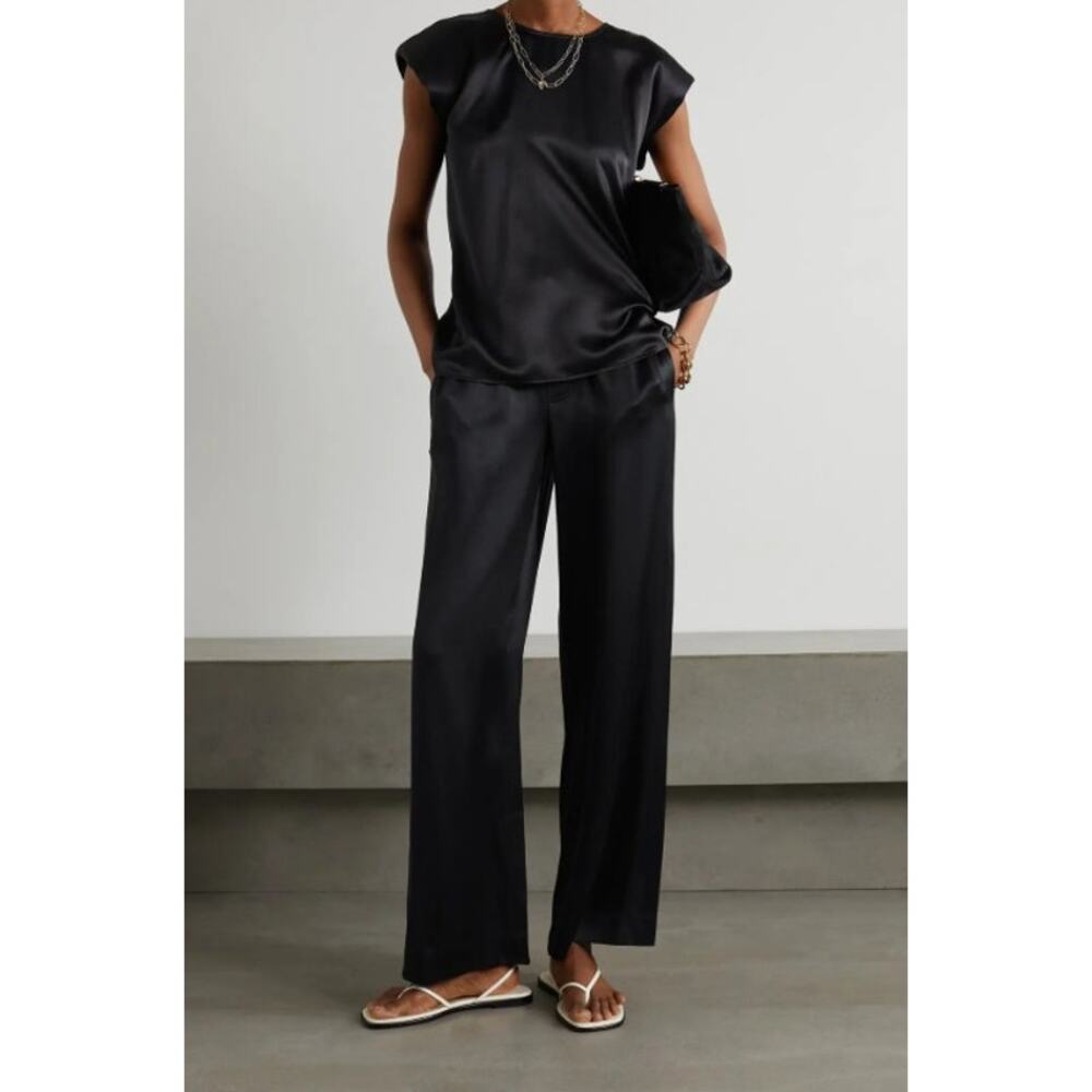 NWT Michael Lo Sordo Black Silk-Satin Cap Sleeve Top Womens US 2
